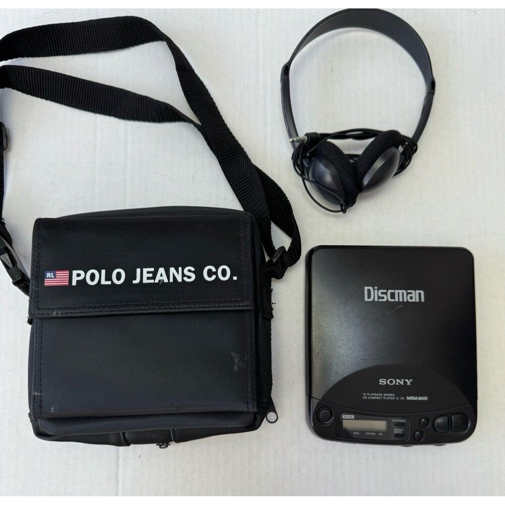 Sony Discman D-121 CD Player Mega Bass w/ Polo Jeans Case Bag & Headphones